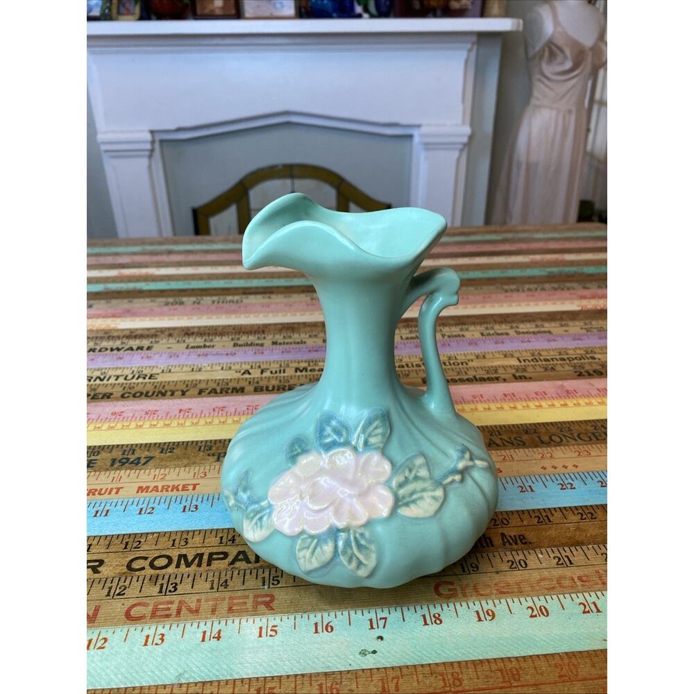 Vtg Weller Art Pottery Blue Pitcher Ewer Soft Pink Magnolias Floral art Nouveau